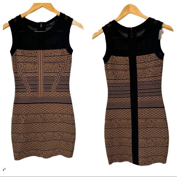 EUC Vertigo Bodycon Black Tan Aztec Print Dress S - Picture 1 of 9
